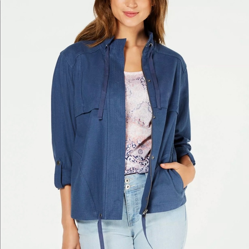 NEW Style & Co Jacket Coat Size S Small Blue Linen Full Zip Utility